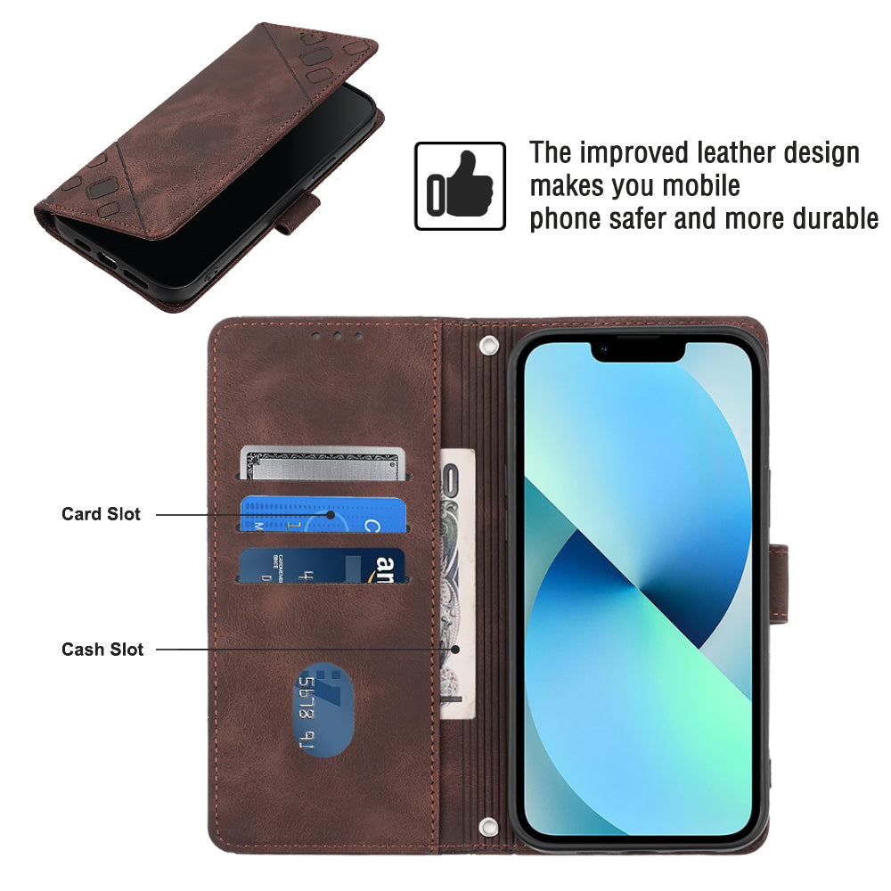 PT005 YB Imprinting Series-7 for iPhone 14 PU Leather Stand Case Imprinted Lines Wallet Phone Cover with Shoulder Strap PT005 YB Imprinting Series-7 for iPhone 14 PU Leather Stand Case Imprinted Lines Wallet Phone Cover with Shoulder Strap